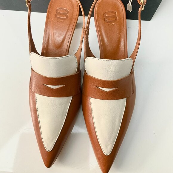 8 by Yoox Two-Tone Leather Slingback Pumps- Brown & White - EU 38-Made in Italy - Picture 9 of 10